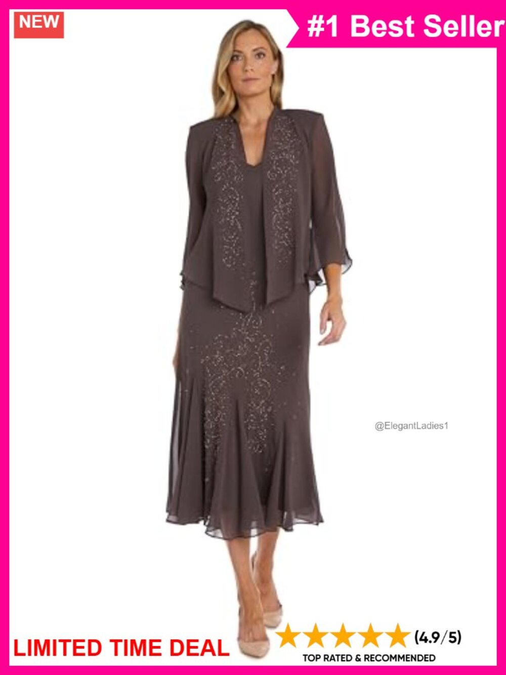 Beaded Georgette Mid-Calf Slip Dress & 3/4 Sleeve Jacket Two-Piece Formal Set